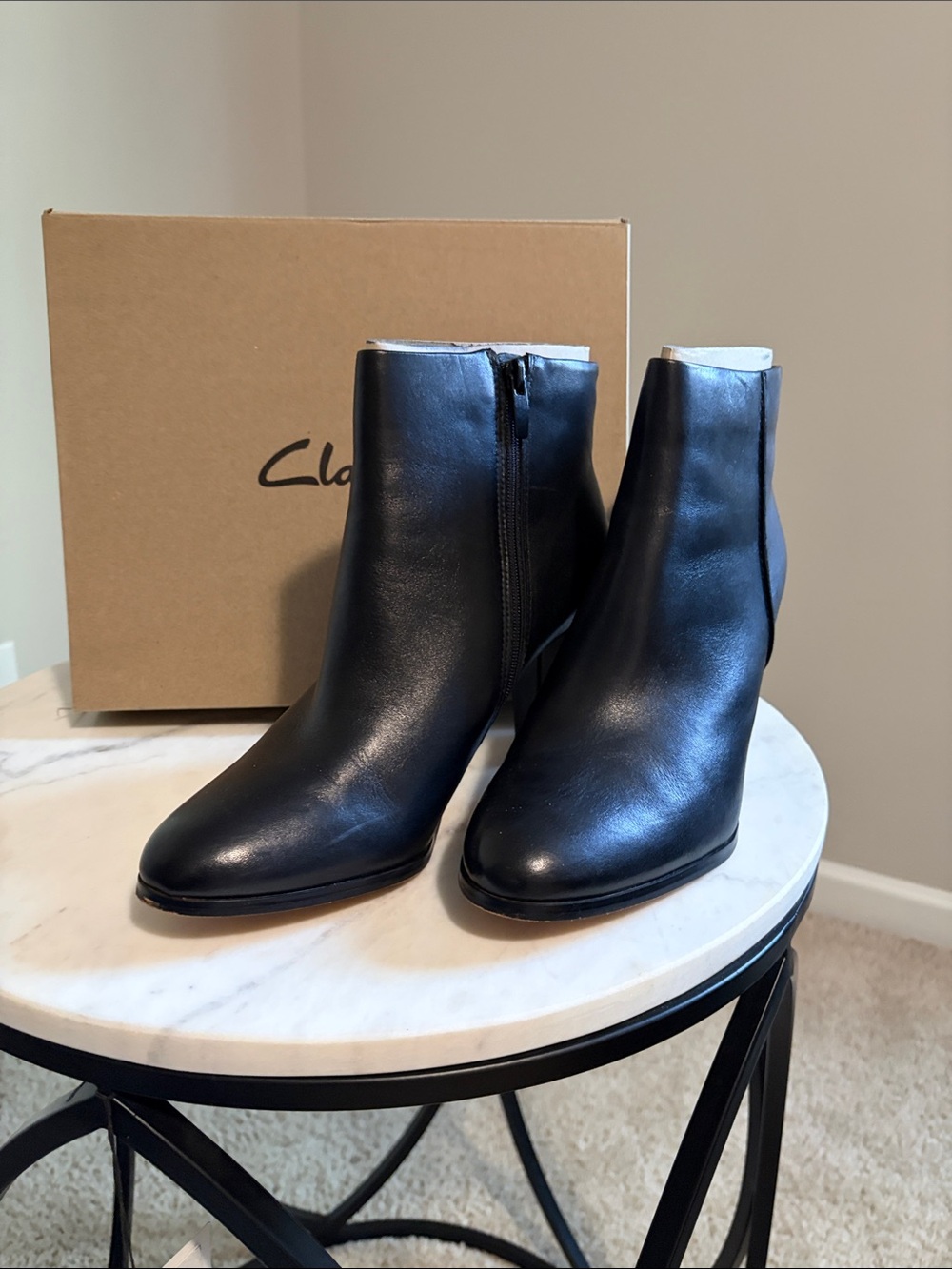 Clarks Black Leather Ankle Booties with Side Zip Closure